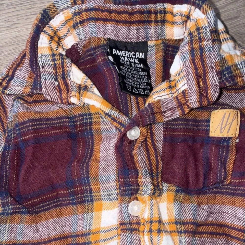 American Hawk Plaid Flannel Long Sleeve Button-Front Collared Bodysuit 6-9M